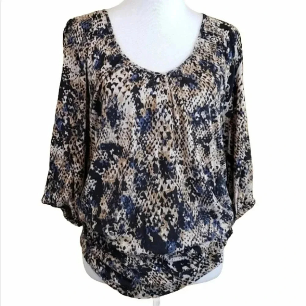 Daisy Fuentes Snakeskin Blouse XL Blue Tan Animal Print Ruched Side Tunic Top